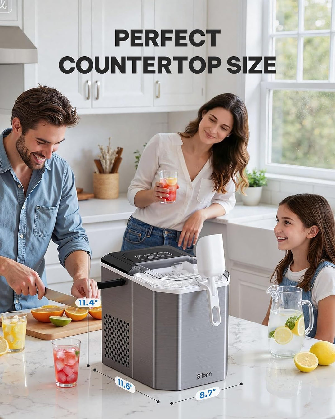 Silonn Eiswürfelmaschine mit Griff-Eiswürfelkorb – Tragbar &amp; Selbstreinigend, Mini Ice Maker 9 Eiswü