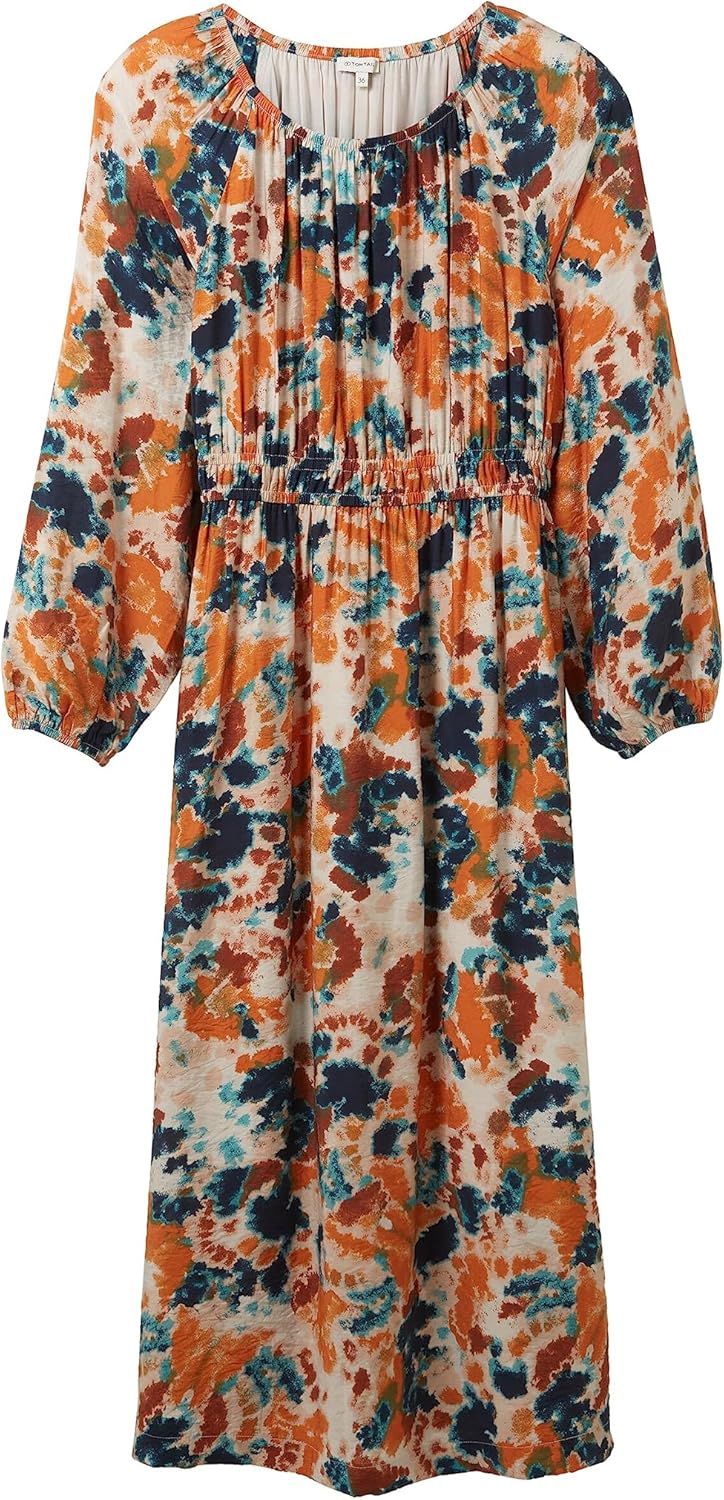TOM TAILOR Damen Maxikleid mit Raffung 44 32367-grey Orange Tie Dye Floral, 44 32367-grey Orange Tie