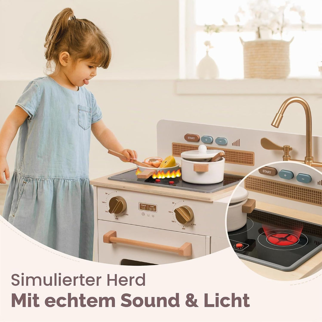 ROBUD Kinderküche Holz | Montessori Spielküche mit Sound &amp; Licht, Eiswürfelspender, Kinder Küche mit