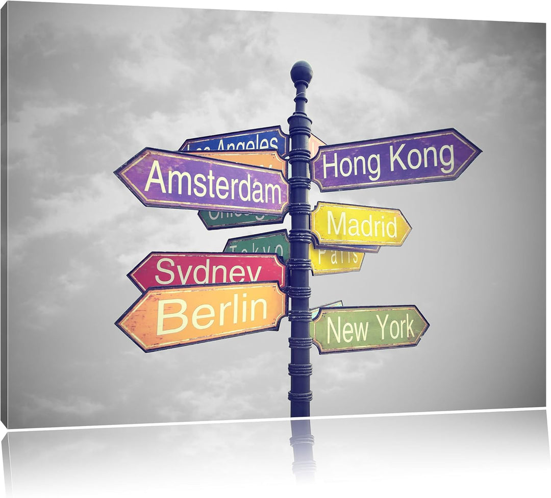 Pixxprint Städte Wegweiser als Leinwandbild/Grösse: 100x70 / Wandbild/Kunstdruck/fertig bespannt, 10