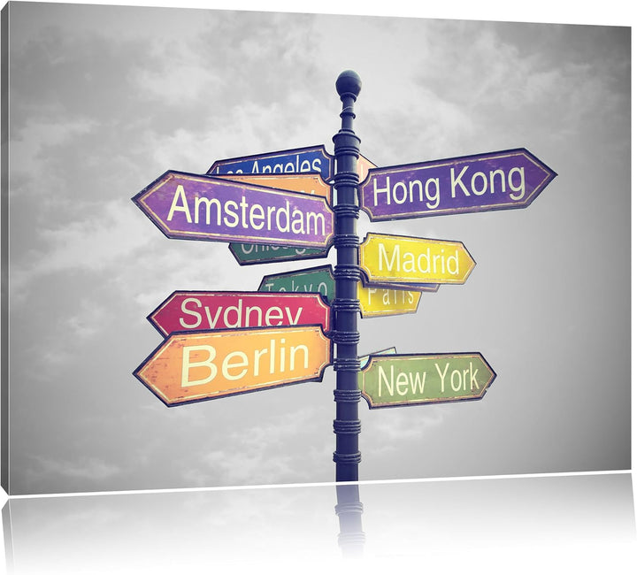 Pixxprint Städte Wegweiser als Leinwandbild/Grösse: 100x70 / Wandbild/Kunstdruck/fertig bespannt, 10
