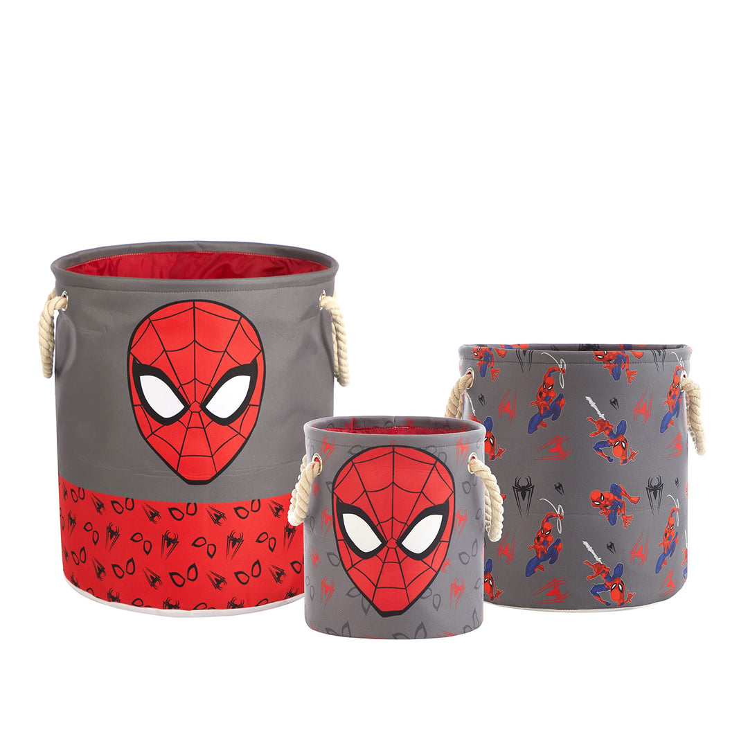 Idea Nuova Marvel Spiderman Aufbewahrungskorb-Set mit Seil-Tragegriffen, 3-teilig, verschiedene Grös