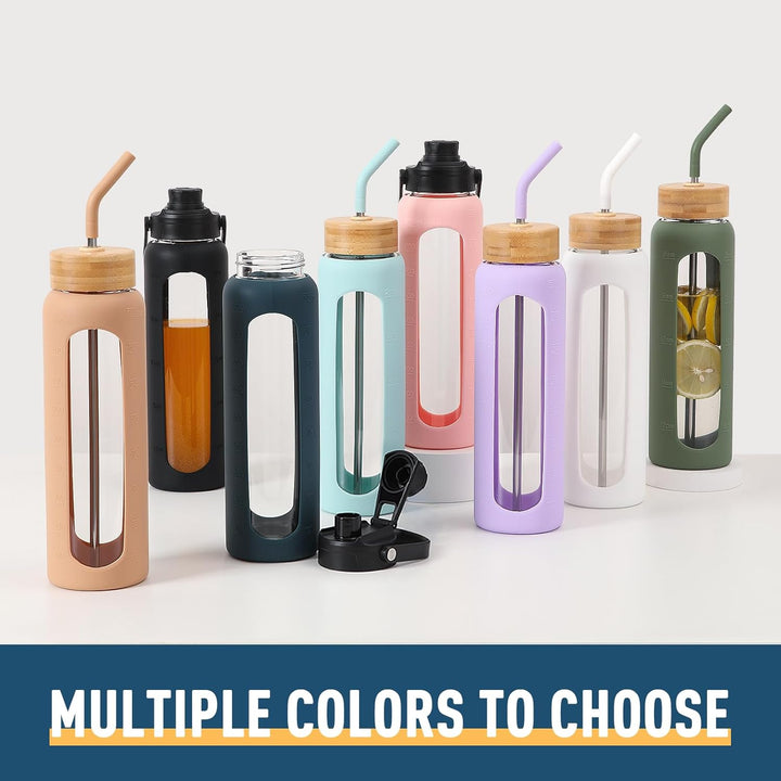 BLUEGO 900ml Glaswasserflasche mit Strohhalm und 2 Deckeln Kaffeetasse aus Glas mit Zeitmarkierung u
