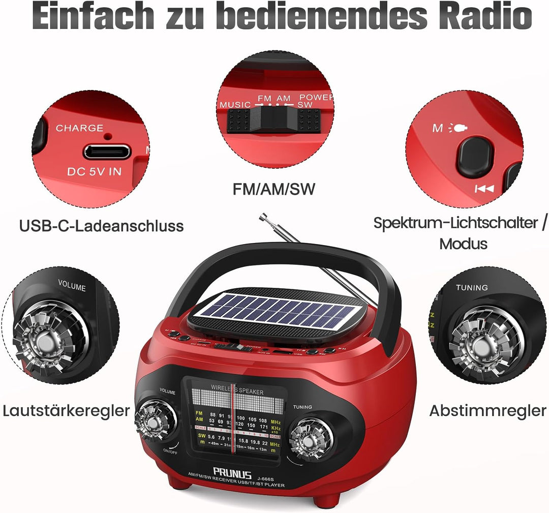 PRUNUS J-666 FM/AM/SW Retro Radio mit Bluetooth, Tragbares Radio mit 1800mAh Akku, Solar/USB-C Aufla