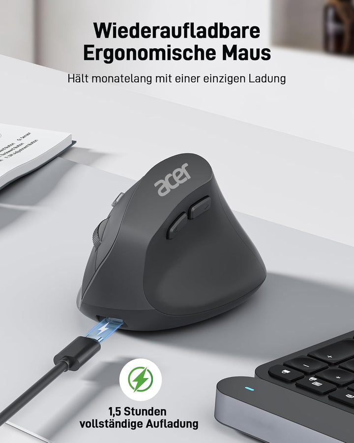 acer Ergonomische Maus Kabellos, Wiederaufladbare 2.4GHz Vertikale Maus mit 3 Einstellbaren DPI, 6 T