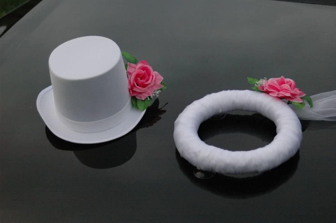 Schleier UND Hut Autoschmuck Rose Car Dekoration Hochzeit Wedding ®Auto-schmuck (Rosa/Weiss) Rosa /