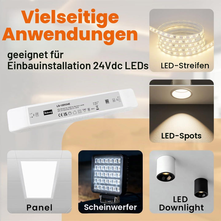 illuburg LED Trafo 24V 120W Flackerfrei für LED Strip Lampe LED Netzteil Treiber Transformator Drive