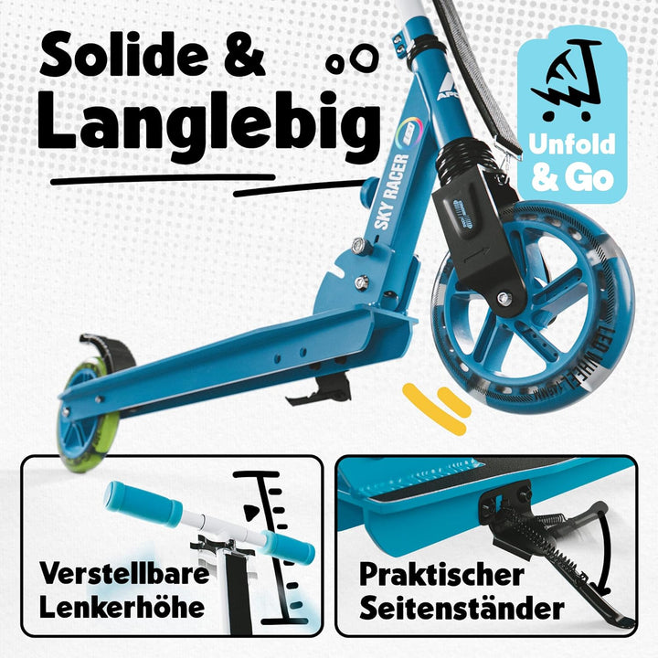 Apollo Skyracer City Roller mit LED Leuchträdern | Roller Kinder 6 Jahre | City Scooter mit Federung