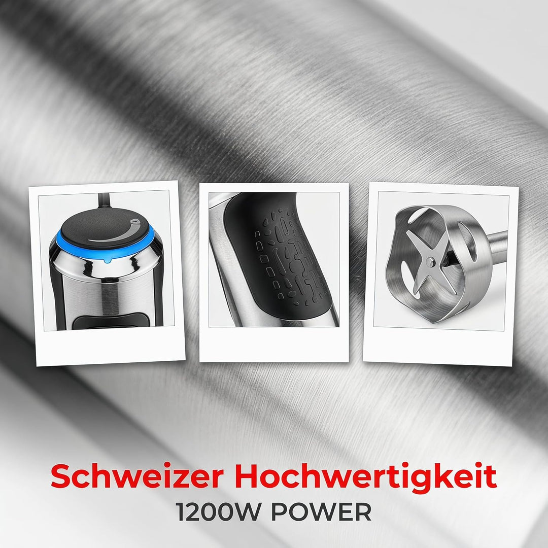 Trisa Stabmixer, 1200W, Edelstahl Pürierstab, Hand Blender mit 4-Klingen-Cutter, variable Geschwindi