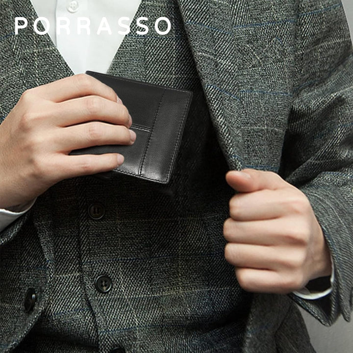 PORRASSO Herren Geldbörse RFID Schutz Geldbeutel Rindleder Portemonnaie Kreditkartenetui Geldclip Sc