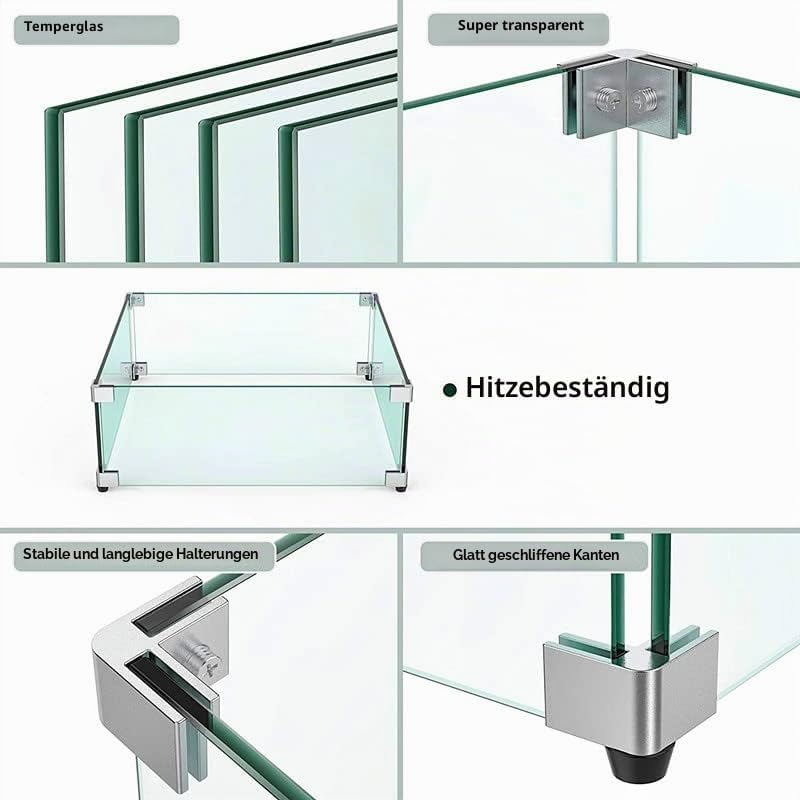 MESIDA 36 x 36 x 15 cm Feuerstelle, Glas-Windschutz, gehärtetes Glas, Feuerstelle, Tischschild, dick
