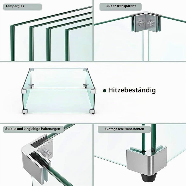 MESIDA 36 x 36 x 15 cm Feuerstelle, Glas-Windschutz, gehärtetes Glas, Feuerstelle, Tischschild, dick