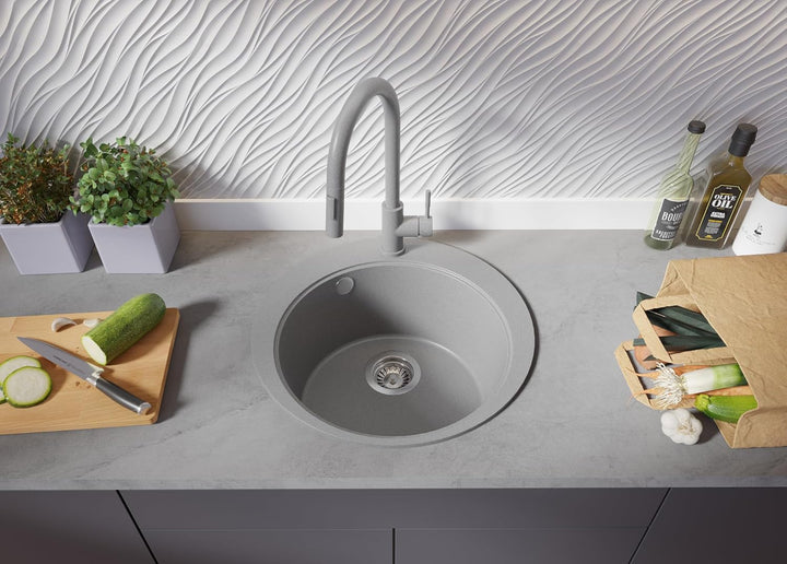 PRIMAGRAN Spülbecken Rund Grau 50x50cm, Granitspüle 1 Becken + Ablauf-Set, Küchenspüle ab 45er Unter