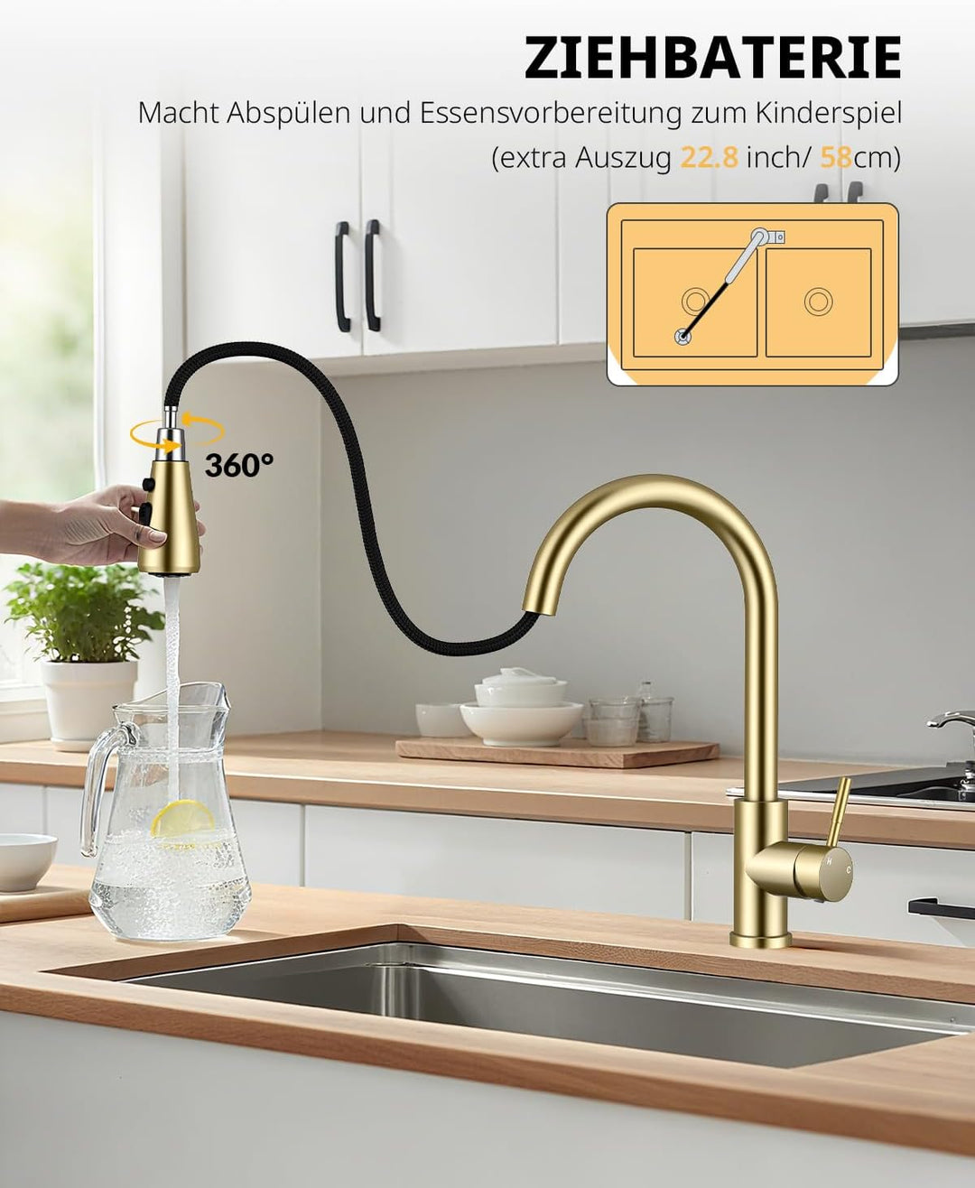 Küchenarmatur, Ausziehbarer Wasserhahn mit Edelstahl-Sprühbrause und 3 Sprühfunktionen, 360° schwenk