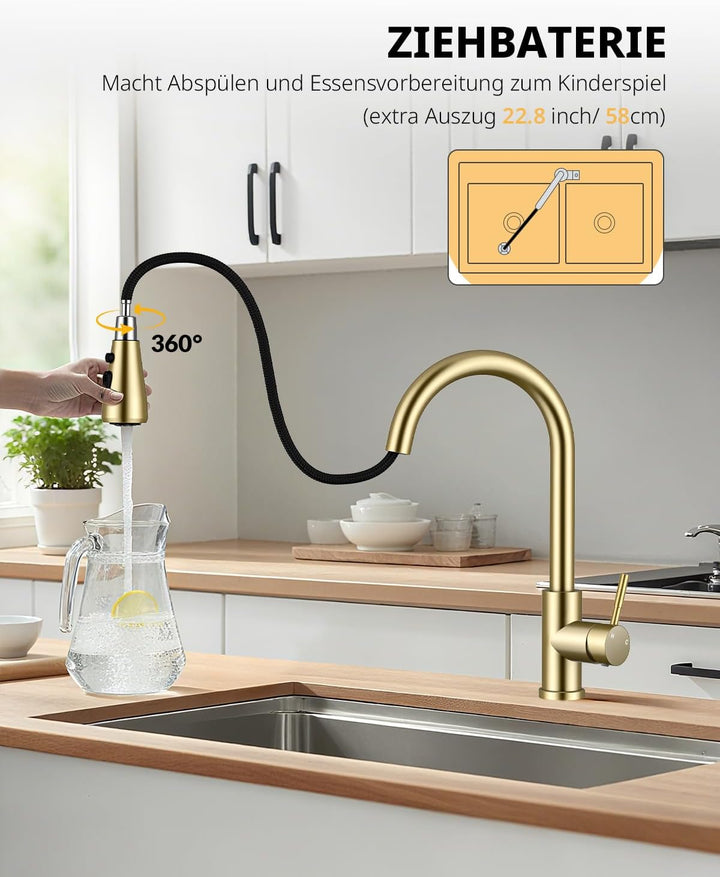 Küchenarmatur, Ausziehbarer Wasserhahn mit Edelstahl-Sprühbrause und 3 Sprühfunktionen, 360° schwenk