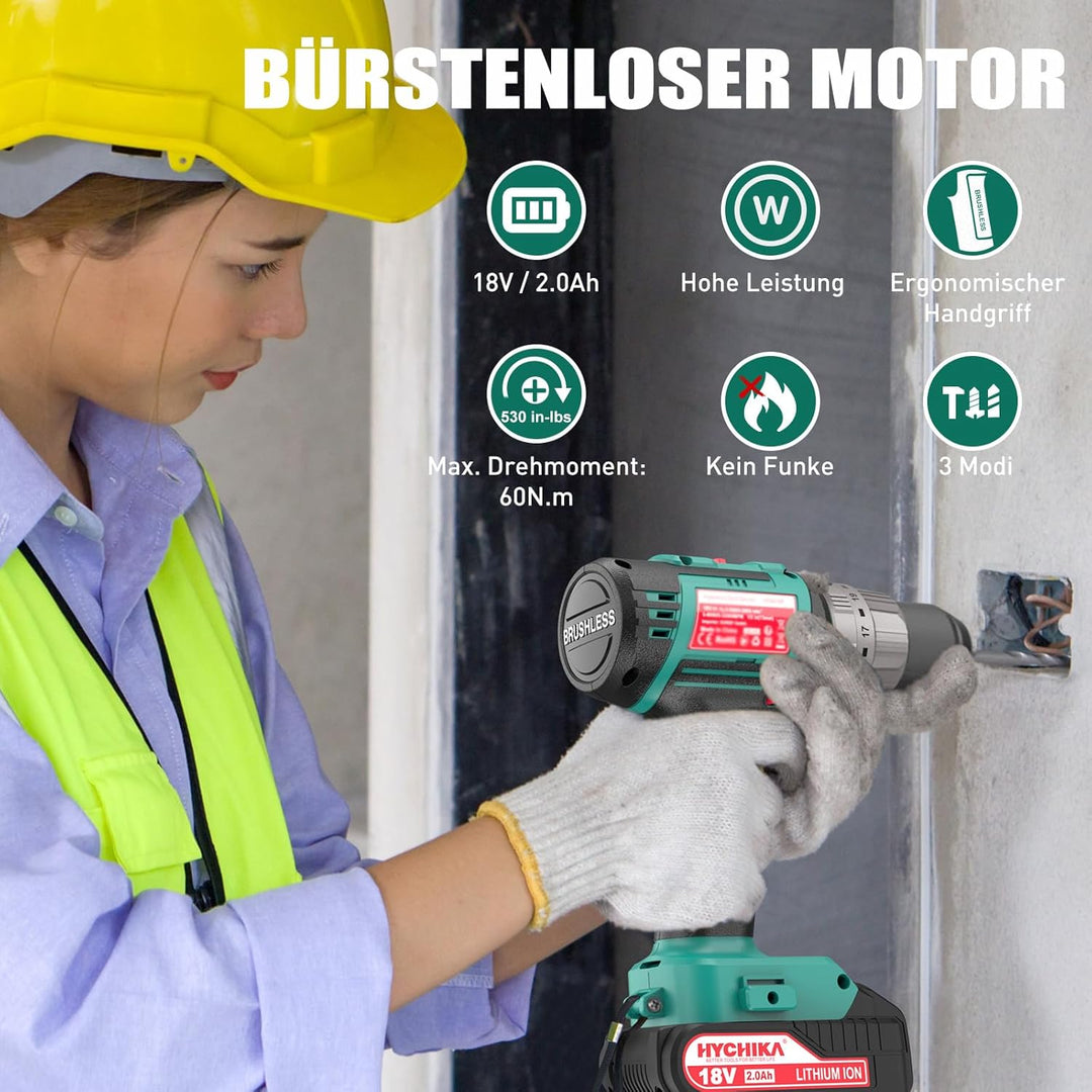 Akkuschrauber 60Nm Max, HYCHIKA 18V Bohrschrauber Bürstloser &amp; kwb Werkzeug-Koffer inkl. Schrauber-B