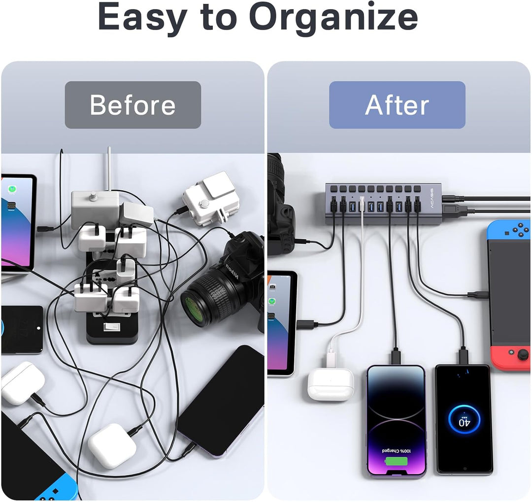 ACASIS Powered USB Hub,10 Ports USB 3.1 Hub mit 10Gbps Data Speed, Individuellen On/Off Schalter, 12