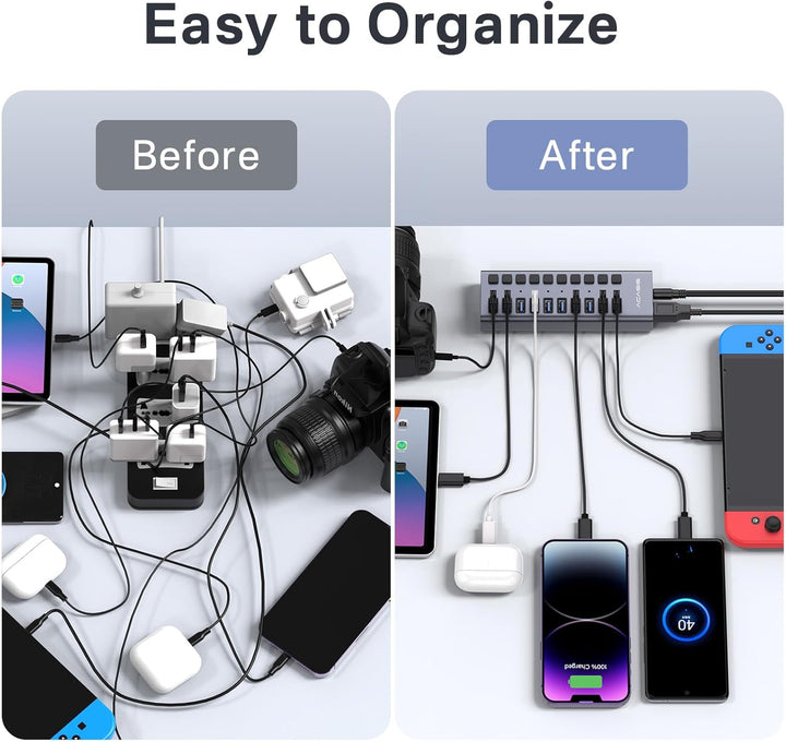 ACASIS Powered USB Hub,10 Ports USB 3.1 Hub mit 10Gbps Data Speed, Individuellen On/Off Schalter, 12