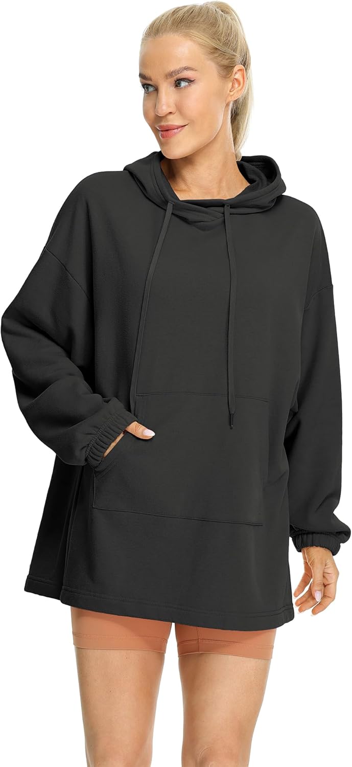 icyzone Damen Lang Oversize Hoodie Fleece Kapuzenpullover Casual Sweatshirt mit Kängurutasche S Schw