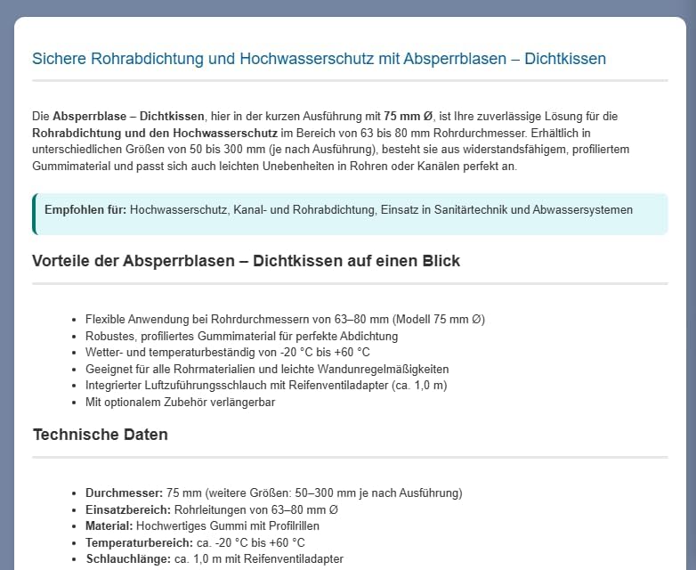 Drexl Absperrblase kurz 75 mm Ø für Rohrdurchmesser 63–80 mm – Rohrdichtkissen, Pipe Plug, Testplug,