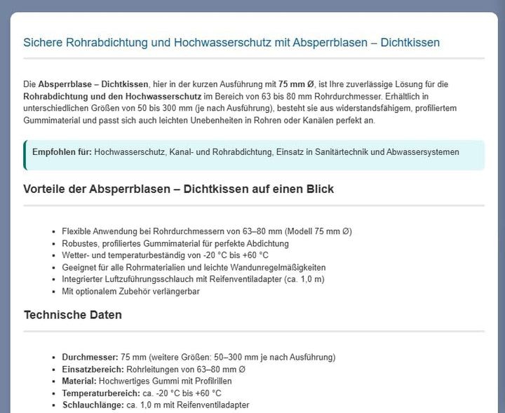 Drexl Absperrblase kurz 75 mm Ø für Rohrdurchmesser 63–80 mm – Rohrdichtkissen, Pipe Plug, Testplug,