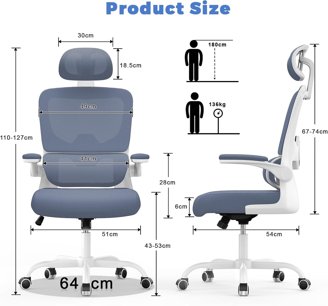 naspaluro Bürostuhl, Bürostuhl Ergonomisch mit Verstellbarer Kopfstütze, Armlehnen, Dynamischer Lord