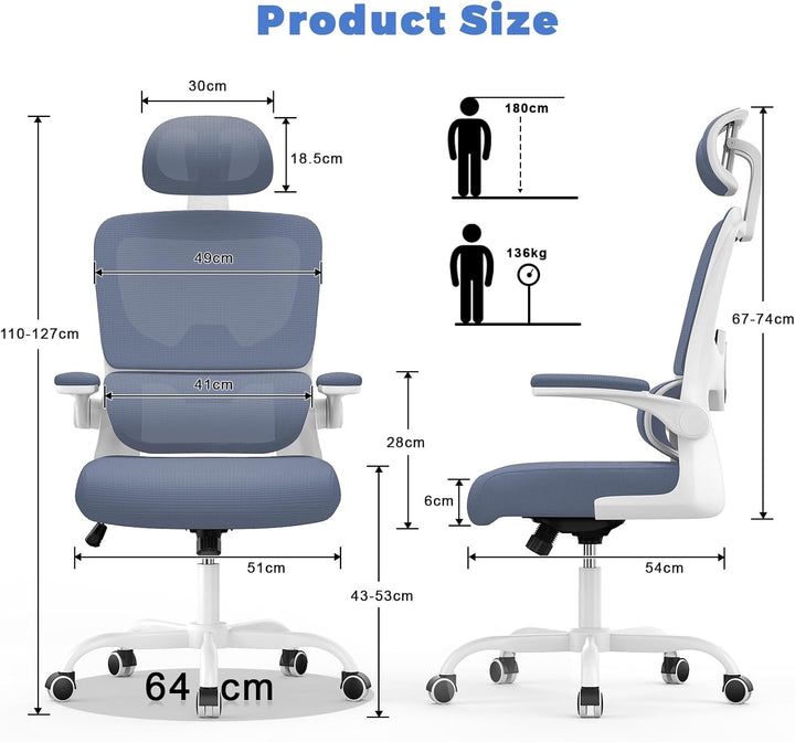 naspaluro Bürostuhl, Bürostuhl Ergonomisch mit Verstellbarer Kopfstütze, Armlehnen, Dynamischer Lord