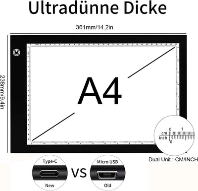 XIAOSTAR Leuchttablett A4, beleuchteter Tisch, Zeichnung mit LED, Ladekabel Typ C, Helligkeit verste