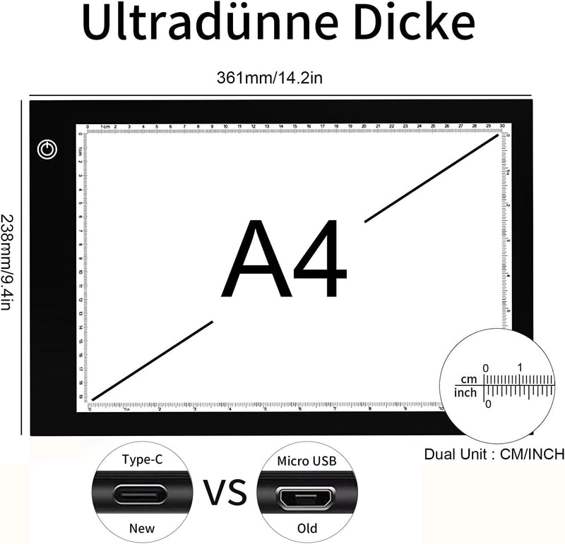 XIAOSTAR Leuchttablett A4, beleuchteter Tisch, Zeichnung mit LED, Ladekabel Typ C, Helligkeit verste