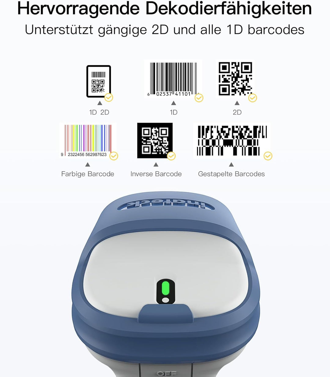 Inateck Wireless Barcode Scanner 2D, Bluetooth 5.0, 2.4Ghz Barcode Reader, QR Code Scanner, liest vo