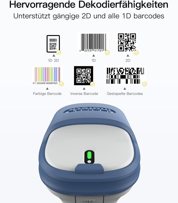 Inateck Wireless Barcode Scanner 2D, Bluetooth 5.0, 2.4Ghz Barcode Reader, QR Code Scanner, liest vo