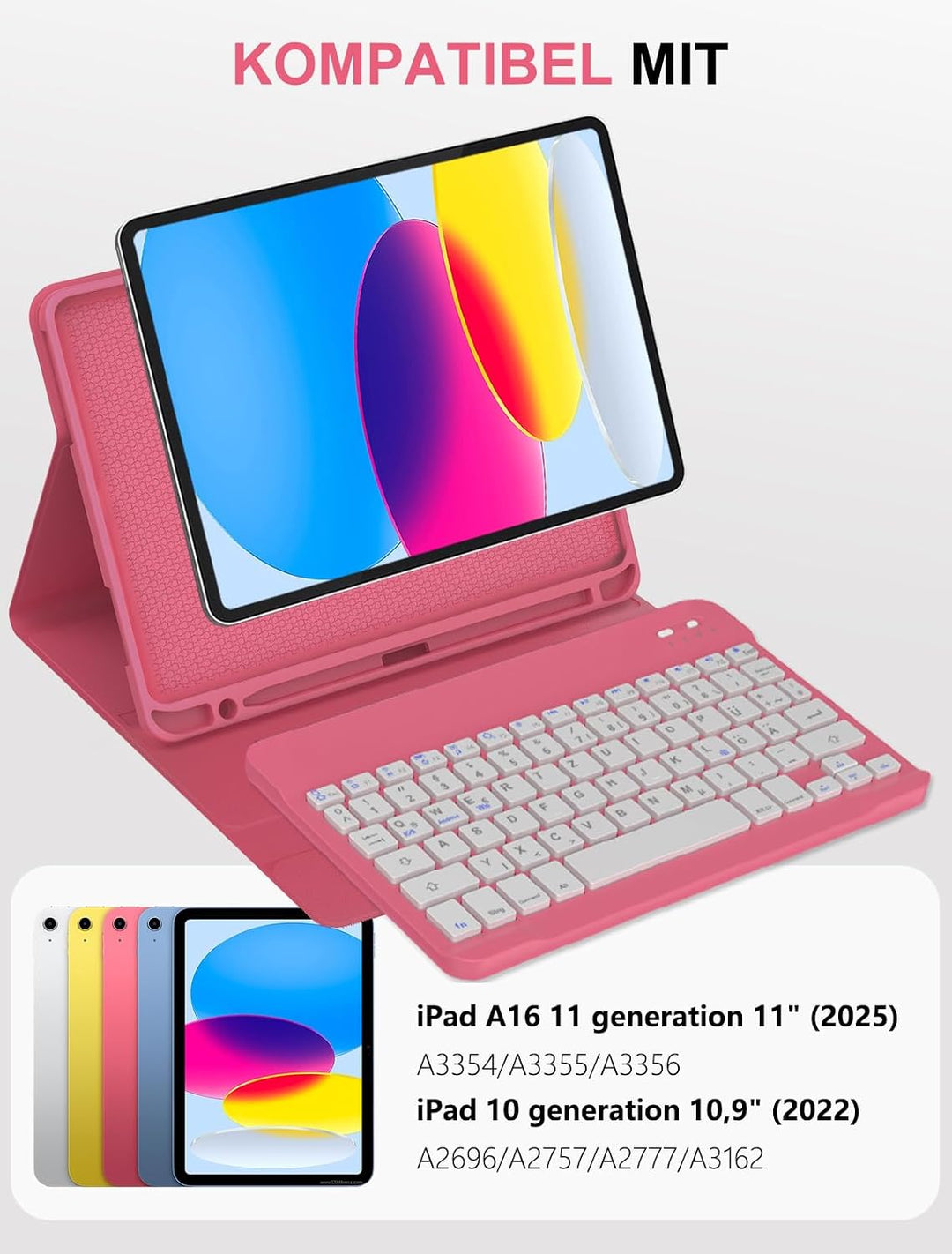 JADEMALL Für iPad Hülle mit DE Tastatur ohne Beleuchtung & Touchpad, Kompatibel mit iPad 11 Generati