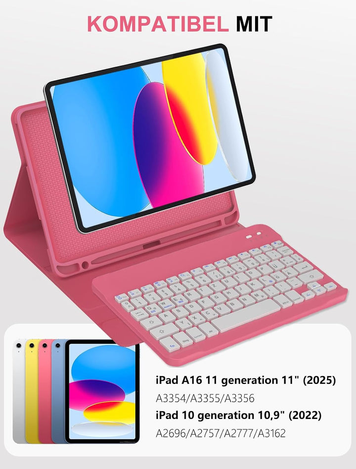 JADEMALL Für iPad Hülle mit DE Tastatur ohne Beleuchtung & Touchpad, Kompatibel mit iPad 11 Generati