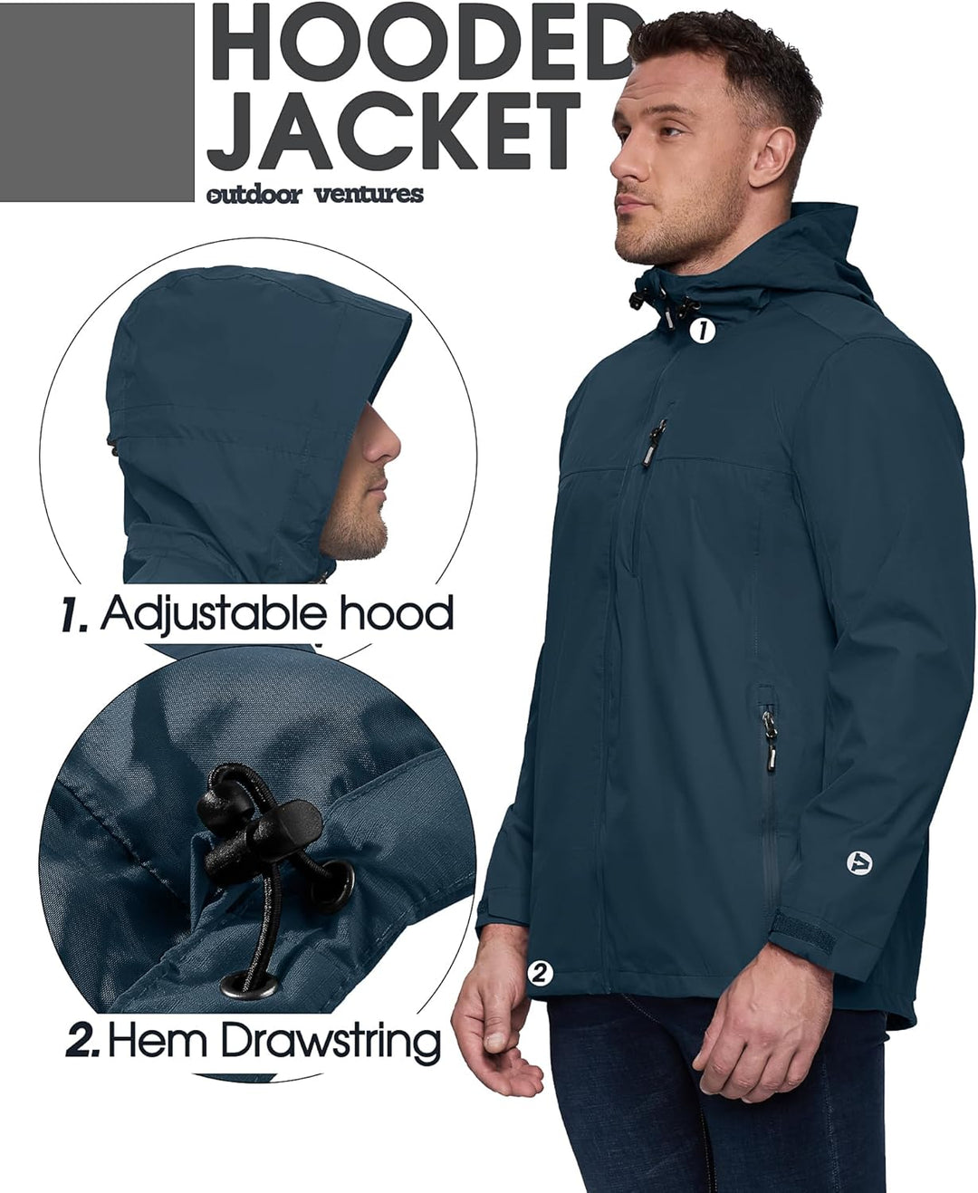 Regenjacke Herren Wasserdicht Atmungsaktiv, Packbar Fahrrad Jacke Leichte Windbreaker zum Freizeit W