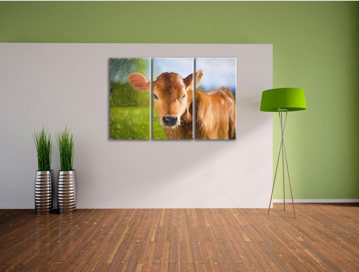 Pixxprint Junge Kuh Kälbchen als Leinwandbild | Grösse: 3 Teilig (120x80) | Wandbild| Kunstdruck | f