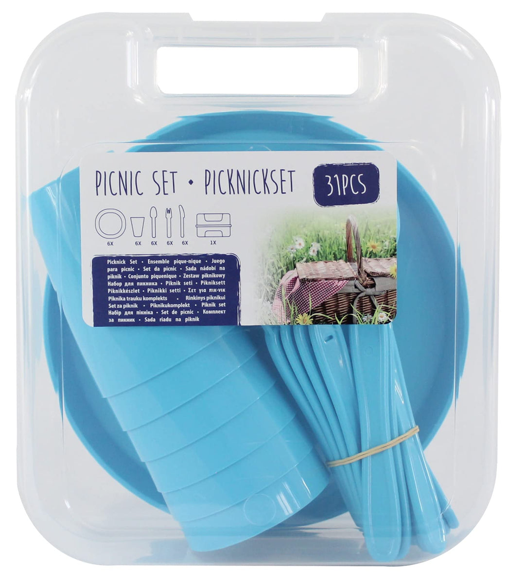 Picknick Set 31 teilig Besteckset Becher Teller Messer Gabel Löffel Transportbox Picknickset Besteck