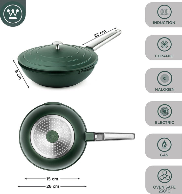 Westinghouse PERFORMANCE SERIES Wok Pfanne mit Deckel, Beschichtete Pfanne 28 cm mit Edelstahl-Griff
