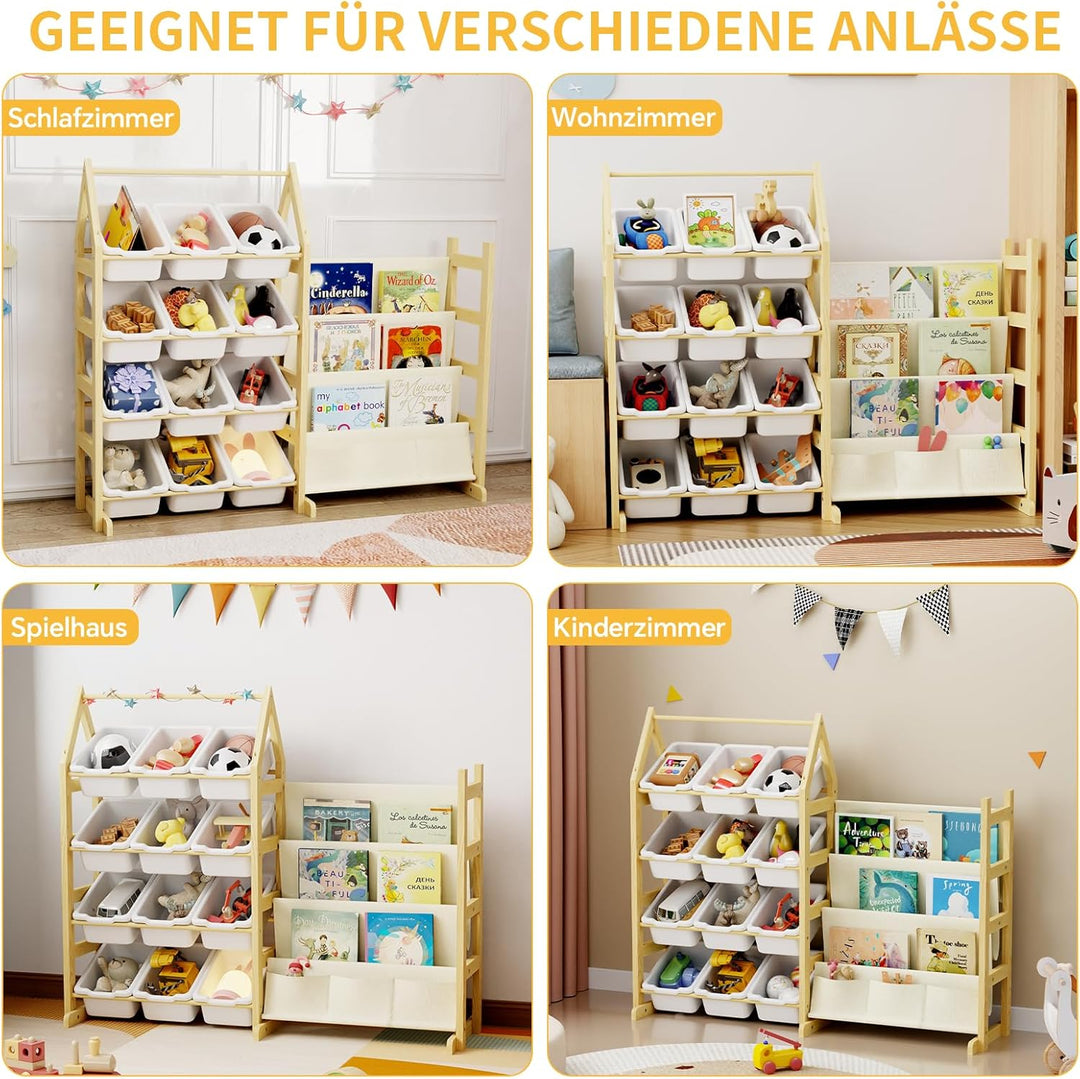 Bücherregal Kinder Spielzeug Aufbewahrung Regal Holz, mit 12 Boxen Spielzeug Regal Kinderzimmer, Mon