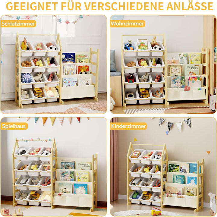 Bücherregal Kinder Spielzeug Aufbewahrung Regal Holz, mit 12 Boxen Spielzeug Regal Kinderzimmer, Mon