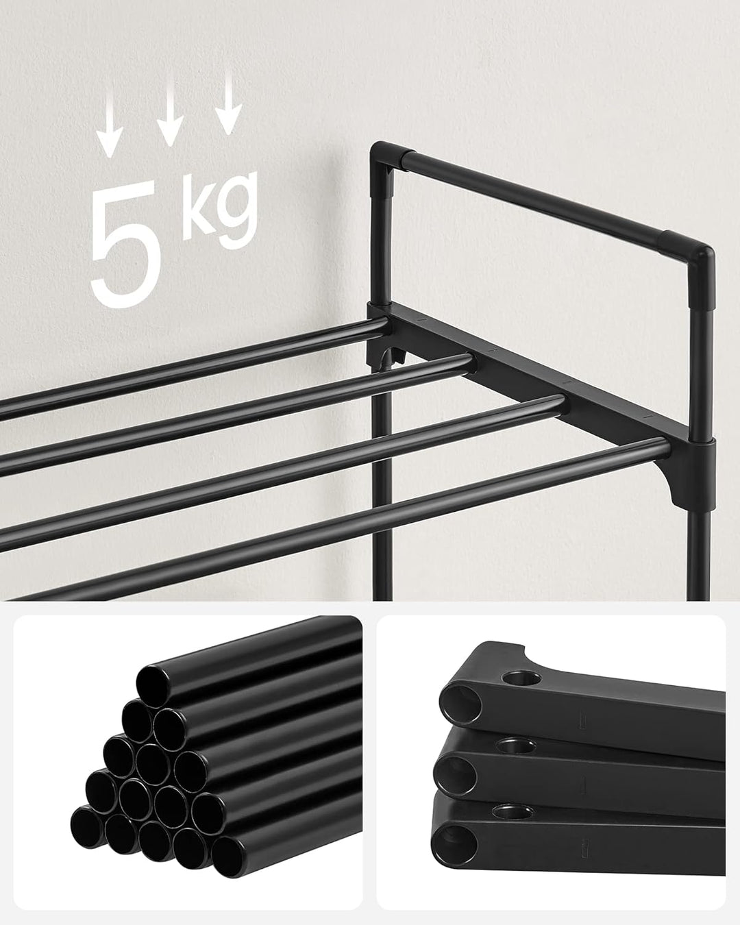 SONGMICS Schuhregal 3 Ebenen, Schuhständer Metall, Schuhaufbewahrung, Schuh-Organizer für 12-15 Paar
