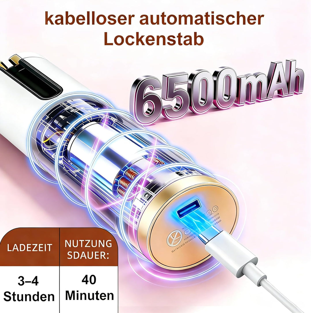 Lockenstab Automatisch Rotierend, Kabelloser Lockenstab Automatisch Keramik, 6 Temperaturstufen, Auf