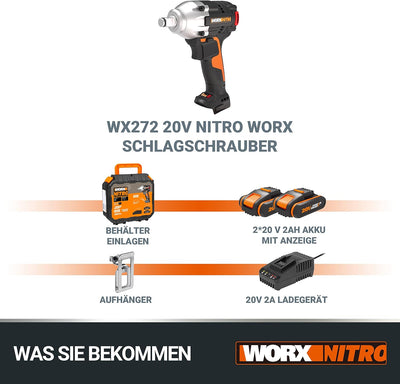 WORX WX272 NITRO Bürstenloser Akku Schlagschrauber 20V - 300Nm, Mit Variablem 3-Gang-Getriebe Und LE