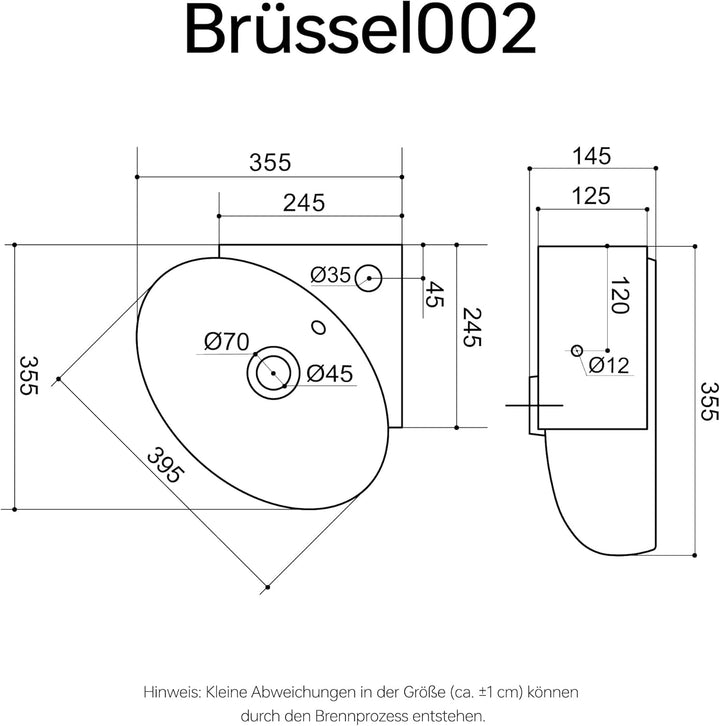 Mai & Mai Hängewaschbecken Klein Waschschale BTH: 39,5x38,5x14,5cm Waschbecken aus Keramik Weiss mit