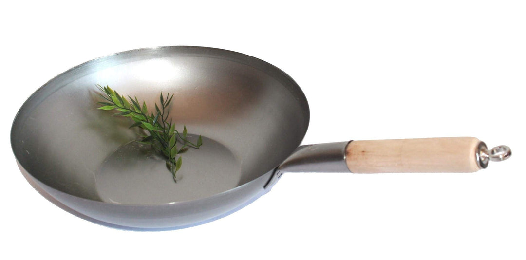 Wok Pfanne Flacher Boden Ø 36 cm, für Gas, Induktion, Ceran und Elektro, mit Holzgriff auch zum Aufh
