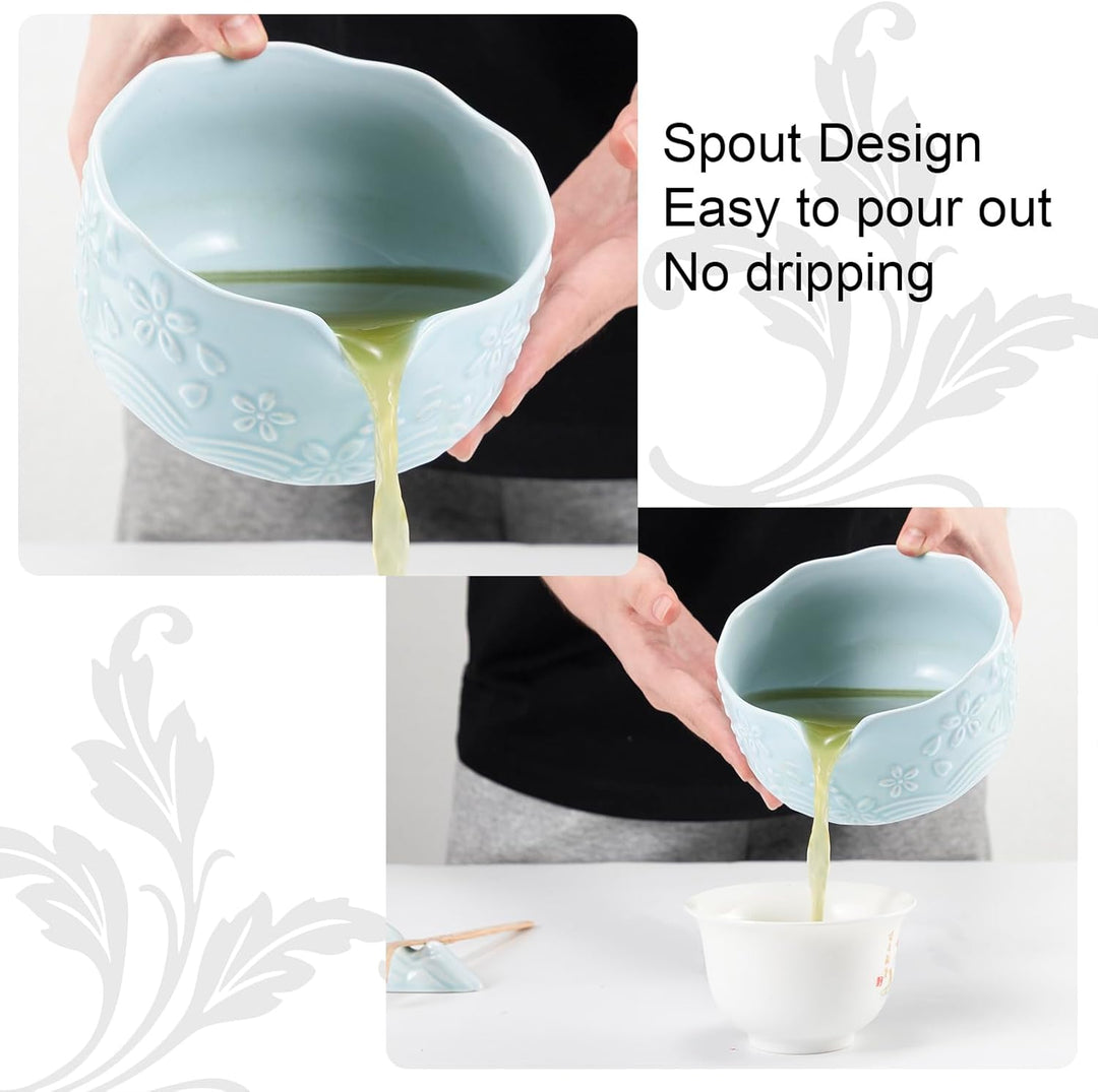 7PCS Matcha Set，500ML Ceramic Matcha Bowl with Spout，Matcha Broom and Holder, Bamboo Scoop, Stainles