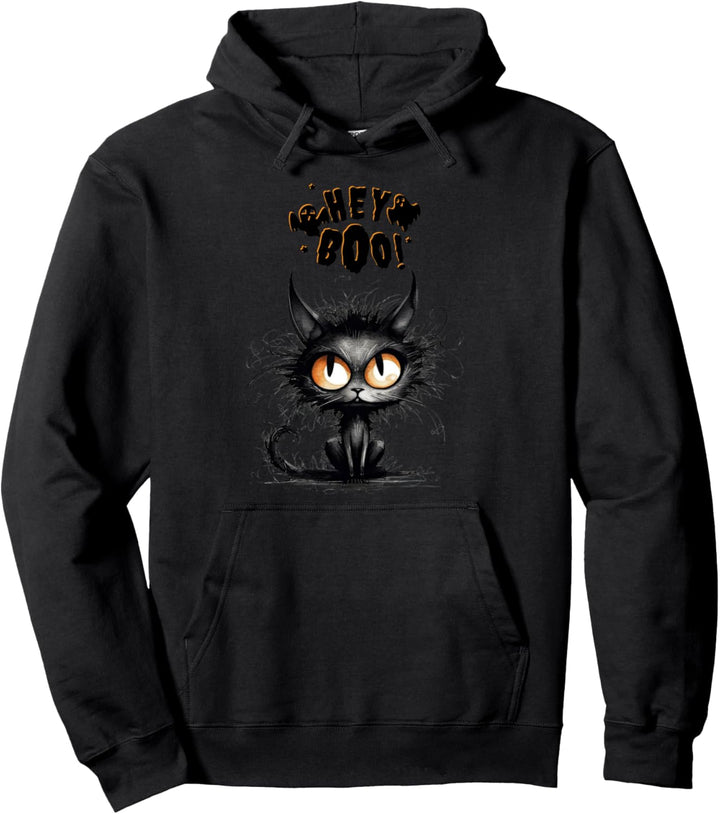 Hey Boo Black Cat Ghost Halloween Pullover Hoodie
