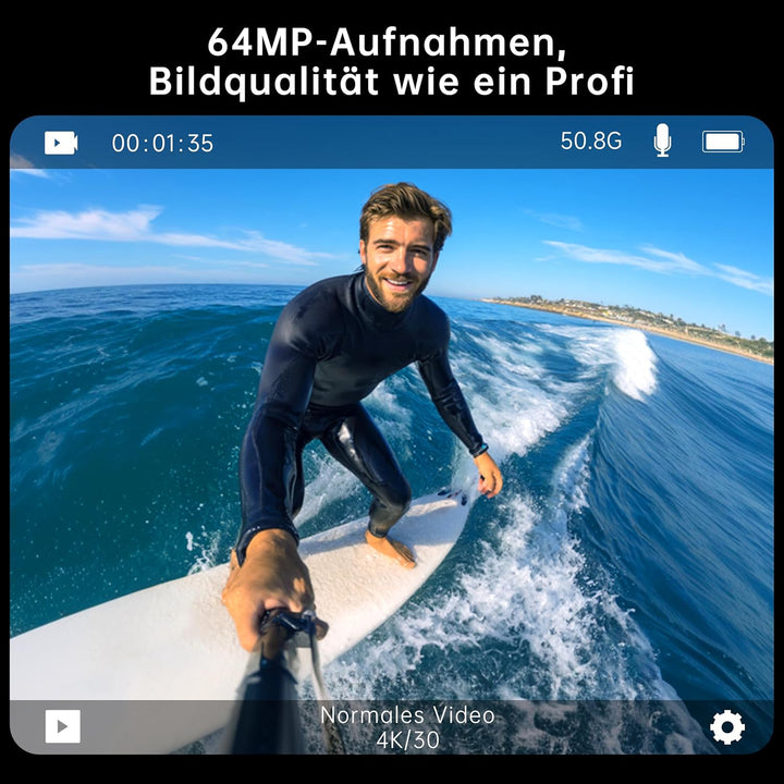syndesmos Wasserdicht Action Cam 5K 30FPS, Dual-Touchscreen, 64MP Ultra HD-Unterwasserkamera, EIS An