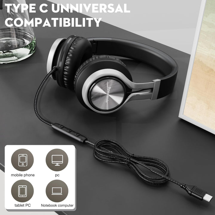 USB-C Kopfhörer mit Mikrofon und Lautstärkeregler, Over Ear Stereo Headsets für iPhone 15, 16 Pro, k