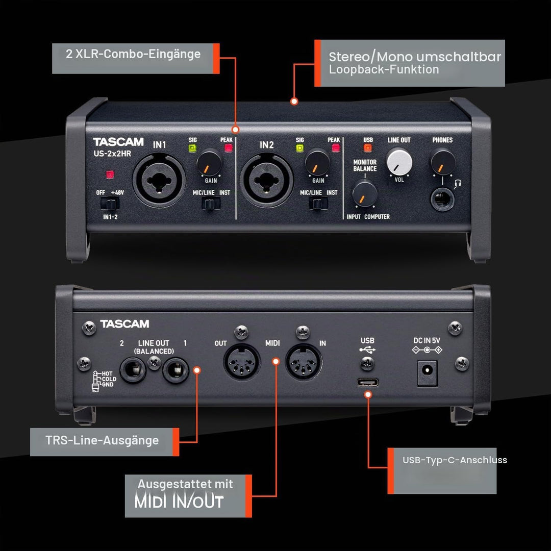 Tascam US-2X2HR USB-Audio-/MIDI-Interface (2 Eingänge, 2 Ausgänge) US-2x2HR US-2x2HR Single, US-2x2H