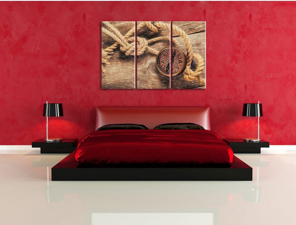 Pixxprint Schiffseil und Kompass / 3-Teilig/Gesamtmass 120cm Leinwandbild bespannt auf Holzrahmen/Wa